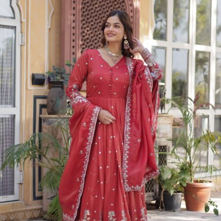 Women's Festive Rust Red Anarkali Gown with Intricate Silver Zari & Sequin Embroidery – Complete with Embroidered Dupatta