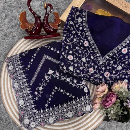 Royal Blue Embroidered Blouse Piece with Intricate Mirror, Sequin & Floral Threadwork – Ready-to-Stitch Fabric for Sarees & Festive Ethnic Wear